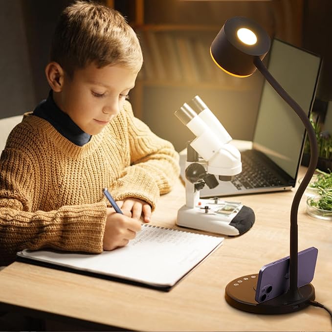 LED Desk Lamp with Wireless Charger, USB C + A Charging Ports, Eye-Caring Metal Bedside Lamp, 5 Colors Stepless Dimmable Reading Lamp, Touch Table Lamp Gooseneck Lamp for Home Office Dorm Black