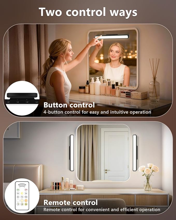 WILLED 3W Mirror Lights with Remote Control,Eye-Friendly Magnetic Light Bar with Battery Level Display,Adjustable Color Temperatures Vanity Lights for Mirror,Makeup Lighting for Bathroom(2 Pack)
