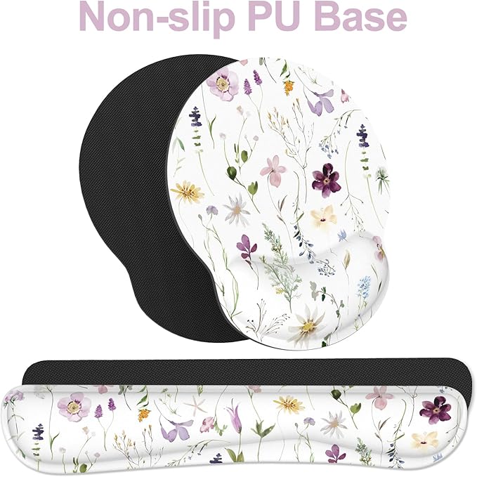 Ergonomic Mouse Pad with Wrist Rest and Keyboard Wrist Rest, Mousepad and Wrist Rest for Computer Keyboard, Non-Slip Rubber Base, Mouse Pad Wrist Support for Gaming, Flowers and Plants