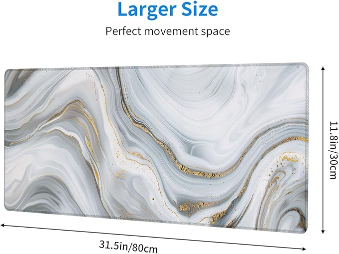 White Marble Desk Mat Abstract Gold Striped Extended Gaming Mouse Pad Mat with Stitched Edge Non-Slip Base Big Mouse Pad 31.5"x11.8" Office Computer Keyboard Laptop Home
