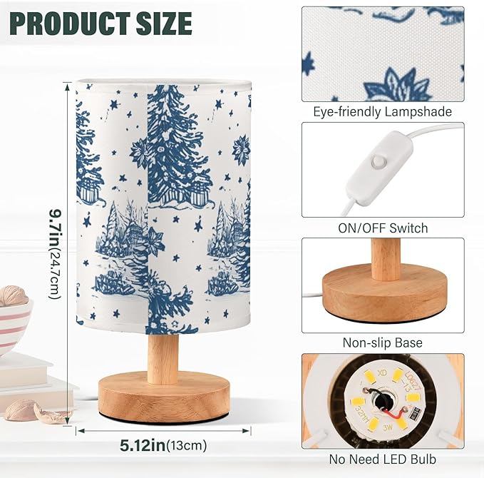 Christmas Tree LED Table Lamp, Bedside Lamp with Linen Lampshade, Flicker-Free Eye Care USB Plug in Nightstand Lamp, for Bedroom and Office