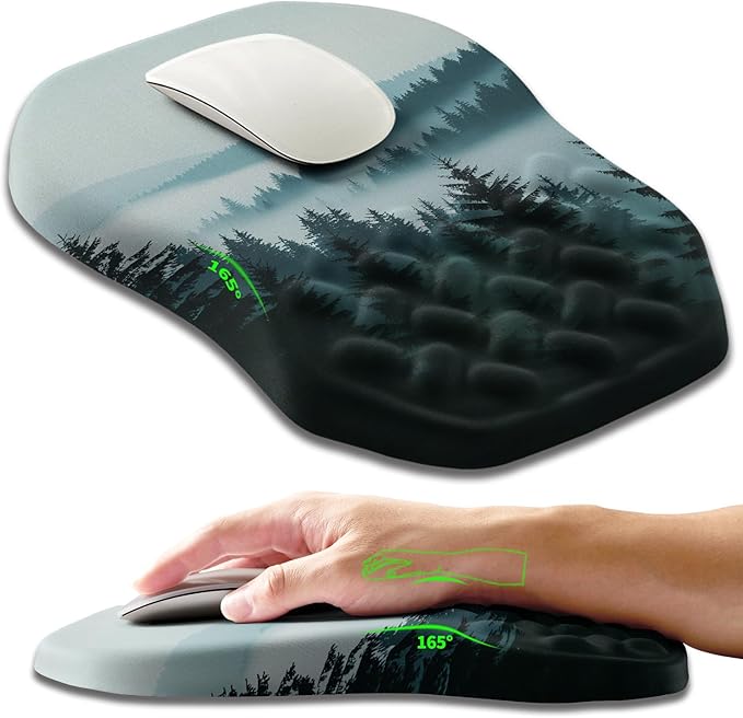 Ergonomic Slope Mouse Pad Wrist Support, Wrist Rest Mousepad for Carpal Tunnel with Massage Bulge and Slow Rebound Memory Foam (12x8 inch, Foggy Forest)