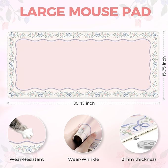 iCasso Pink Desk Mat,Cute Desk Pad for Keyboard and Mouse,Anti-Slip Large Gaming Mousepad XXL,Soft Lycra Surface Computer Mat Women,Girly Keyboard Pad for Home Office