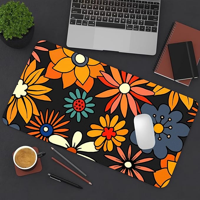 Desk Mat Large Protector Pad 27.5" ×13.8", Non-Slip PU Leather Desk Blotter, Waterproof Mouse Pad for Office Home Retro Flower
