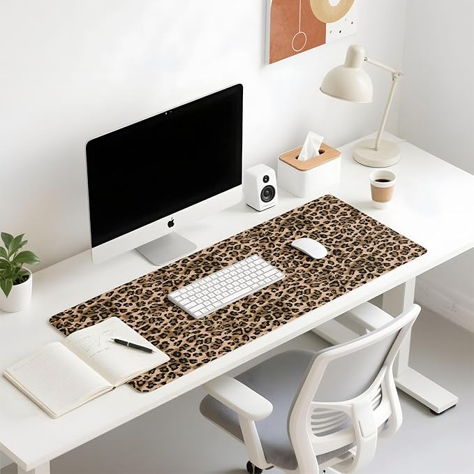 Mouse Pad Leather Desk Mat Large Keyboard Cute Office Desktop Computer Laptop XXL Long Big Aesthetic Modern Design Women Girls Gaming Gamer Oversized Wide Mousepad 31.5"x15.7", Leopard