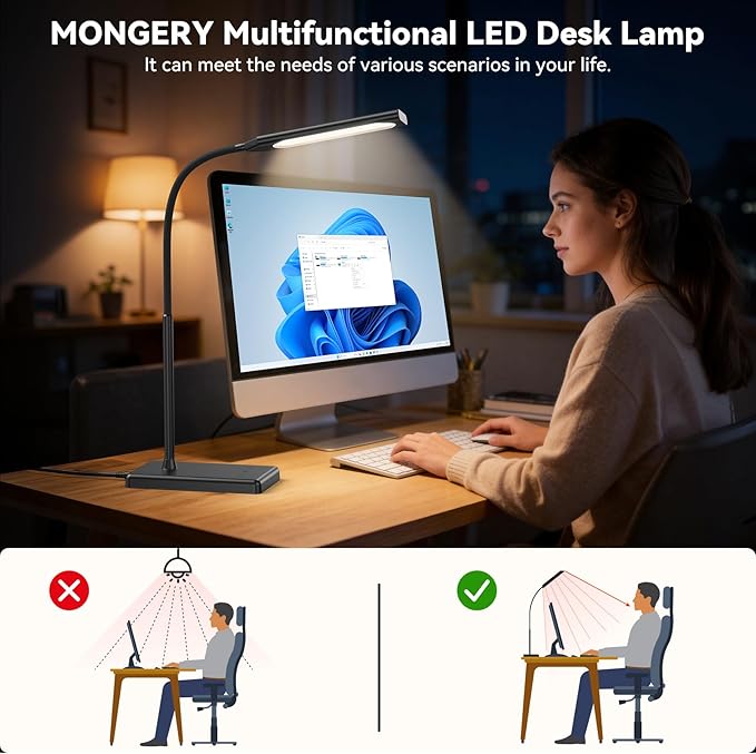 LED Desk Lamp Touch Control Desk Lamp with USB Charging Port 5 Color Modes 6 Brightness Levels Dimmable Eye-Caring Office Lamp with Memory Function 1h Timer Adjustable Neck Table Lamp