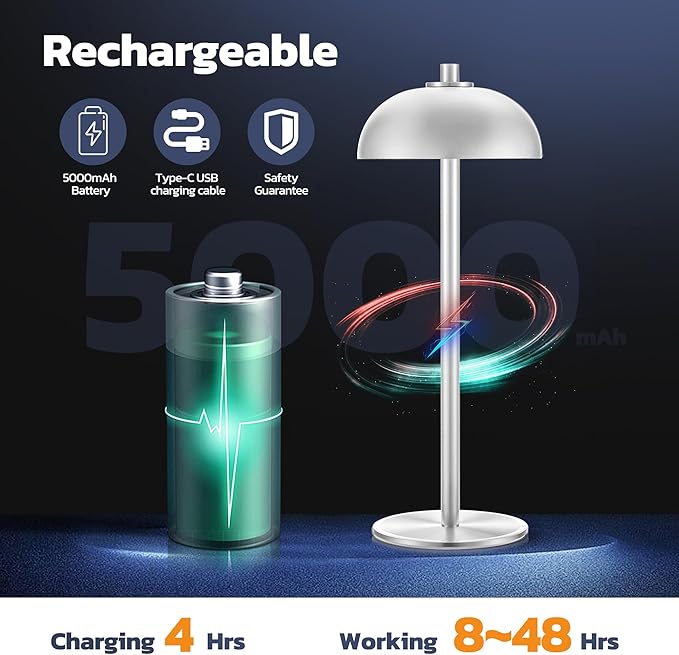 2 Pack Cordless Table Lamp, 5000mAh Portable Rechargeable Table Lamp, 3 Color Modes Stepless Dimming Table Light with Memory Function, for Dinner, Patio, Home, Restaurant.(Sliver)