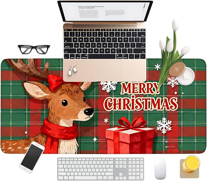 Merry Christmas - Elk Extended Gaming Mouse Pad 35.4x15.7Inch Large Desk Mat Anti-Slip Rubber Base & Durable Stitched Edges for Gamers Smooth Mouse Writing Surface for Desk Office/Home