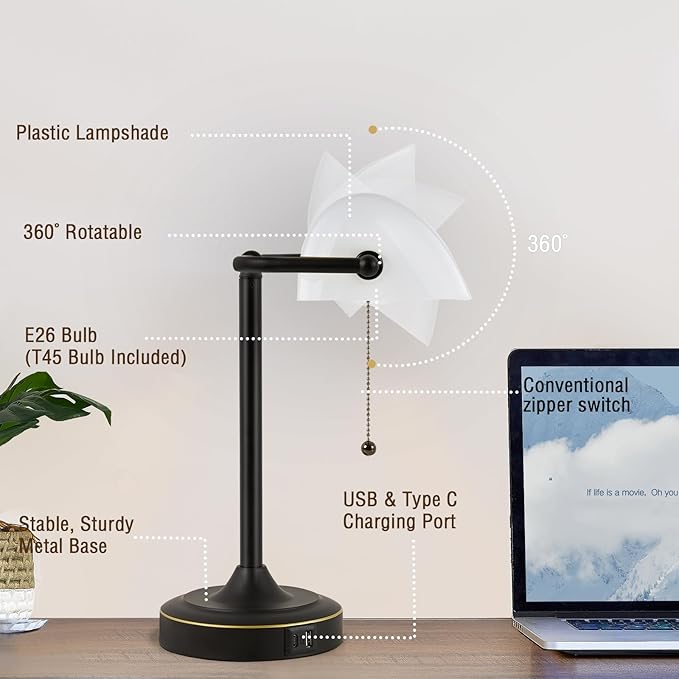 Vintage Desk Lamp Bankers Lamp - Plastic Lampshade Black Retro Table Lamp with USB & Type C Charging Ports Traditional Library Lamp for Home Office Nightstand Bedroom Side Table Lamp-Bulb Included