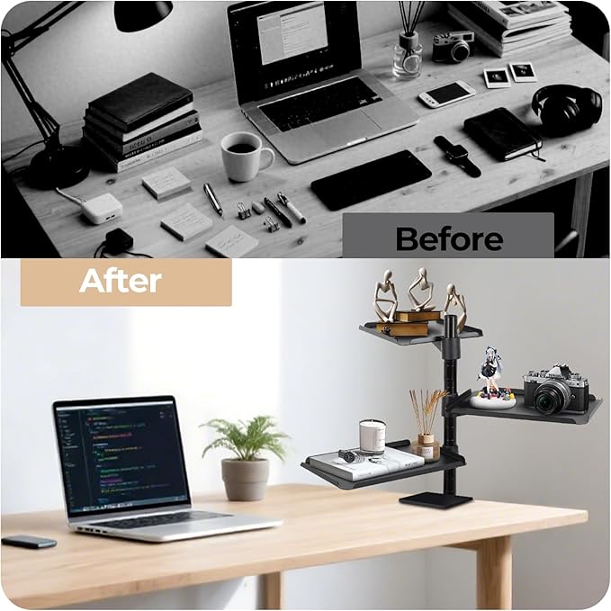 FAHKNS 3-Tier Clamp on Desk Shelf - Multifunctional Desk Clamp Shelf，Ergonomics Metal Desk Extension for Home/Office/Game Room，Tabletop Book Storage Rack，Desktop Thickness 0.4-2.2”