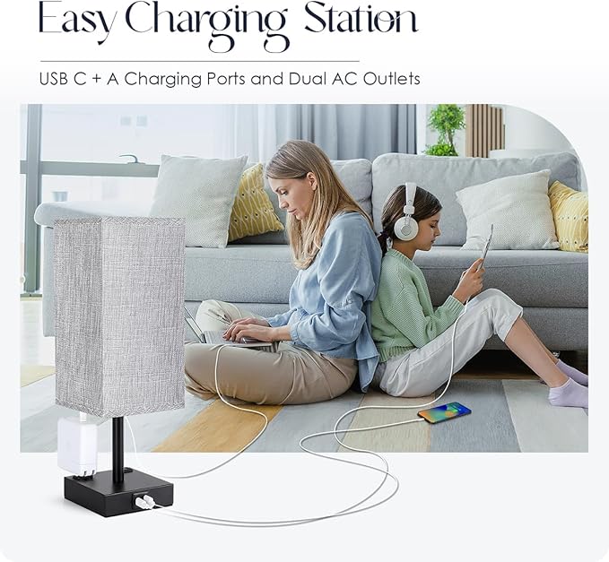 Soilsiu Bedside Table Lamp for Bedroom - Touch Small Lamp with USB C+A Charging Ports & AC Outlets, 3 Way Dimmable Nightstand Light for Living Room (LED Bulb Included, Grey)