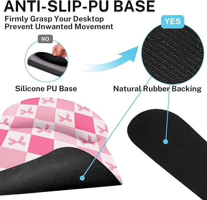 Britimes Pink Bow Checkered Cute Retro Kawaii Ergonomic Mouse Pad Set with Wrist Rest Non-Slip Rubber Base Wrist Cushion Support and Coasters Mousepad with Wrist Support for Computer Keyboard and Desk