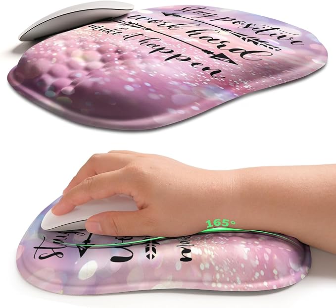 Hokafenle Ergonomic Wrist-hugging Mouse Pad Wrist Support, U-shaped Holding Wrist Rest Mousepad for Carpal Tunnel Pain Relief with Cushioned Memory Foam Slope Massage Bulge (10.2x8.3 in,Stay Positive)