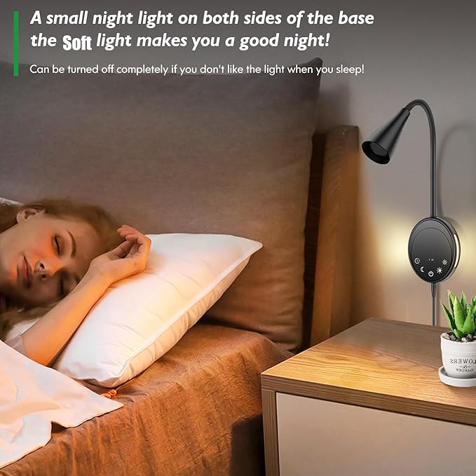 Wall Sconce Light Plug in, Wall Lamps USB Output 5 Color Dimmable Timer Touch Control, Bedside Reading Light, 360°Rotate Flexible Gooseneck Wall Lighting for Bedroom Living Room
