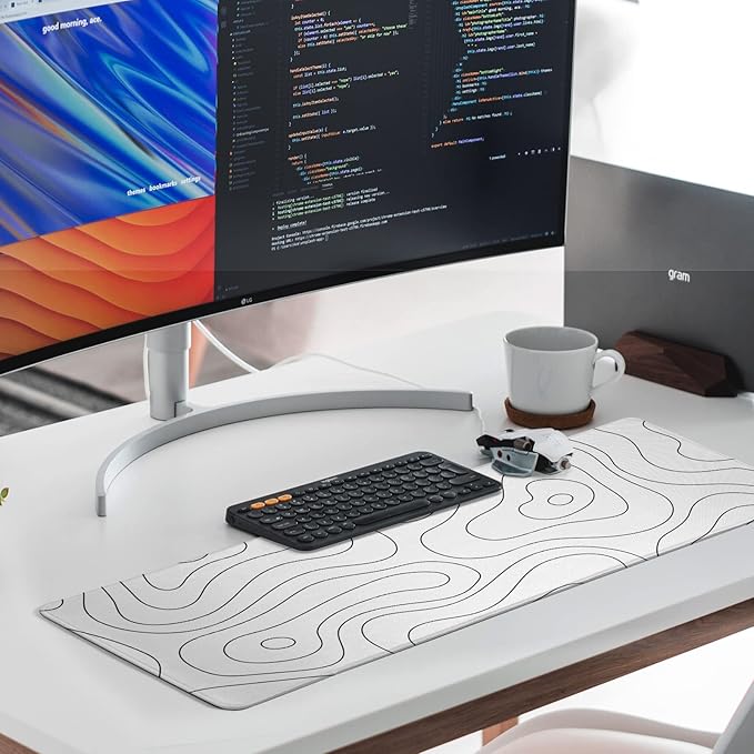White Large Gaming Mouse Pad Desk Pad Topographic Map Big Keyboard Mat 31.5x11.8inch Computer Mousepad with Stitched Edge Non-Slip Rubber Base