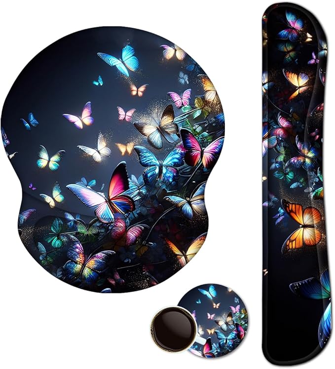 ARTSO Ergonomic Mouse Pad with Wrist Rest, Comfortable Keyboard Wrist Rest, Memory Foam Mousepad for Computer Keyboard, Mouse Pad Set for Easy Typing & Comfort, Night Butterfly