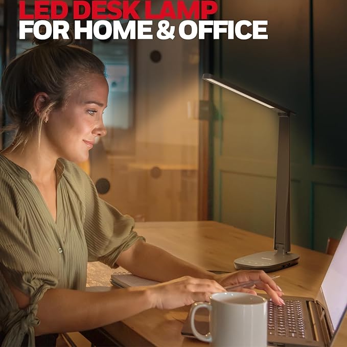 Honeywell HWT-H2 LED Desk Lamp, CRI94 Full Spectrum Eye-Caring Table Light, Foldable Dimmable 4 Color Modes with USB A+C Charging Ports for Home Office Bedroom Reading Study Work (Black)