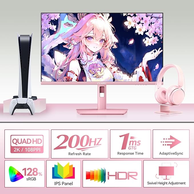 27 Inch Pastel Pink Gaming Monitor QHD 2560x1440 180/200Hz 1ms GTG Fast IPS Computer Monitor, 90% DCI-P3, Adaptive Sync, Built in Speaker, Height/Swivel/Tilt/Pivot Adjustable Stand, HDMI,DP