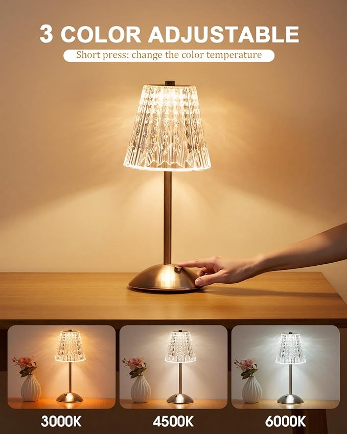 Cordless Touch Table Lamp, LED Rechargeable Small Dask Lamp, 3 Colors Dimmable Battery Operated Crysta Lamp for Bedroom Restaurant Kitchen Home Decor,Silver, 2pcs