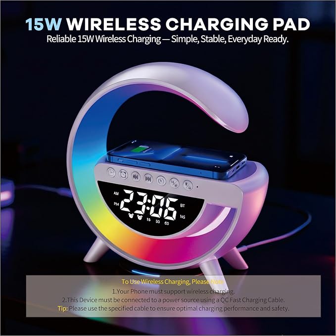 Wireless Charging Table Lamp Multifunctional Bluetooth Speaker & Alarm Clock - LED Bedside Desk Lamp Night Light for Heavy Sleepers, Superfine Bedroom Home Decoration (White)