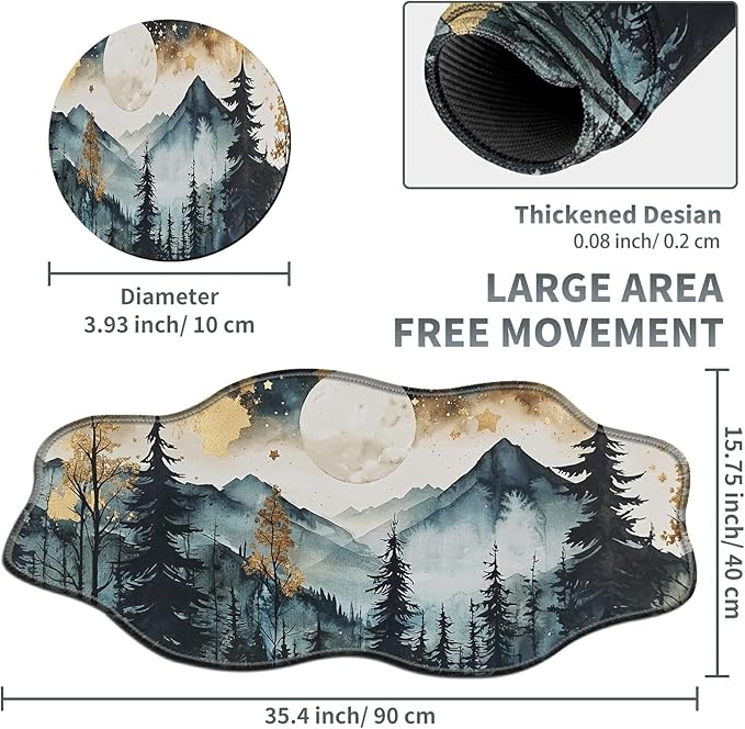 Landscape Forest Large Gaming Mouse Pad Plus a Coaster, 35.4 x 15.7 inches Desk Mat Extended XXL Mousepad with Stitched Edge Non-Slip Rubber, Desk Pad Computer Mouse Mat for Home Office