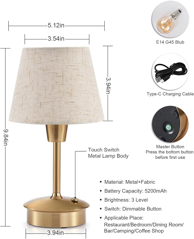Small Cordless Table Lamp for Restaurant Dining Table, 5200mAh Rechargeable Battery Operated Lamps, Portable Dimmable Touch Light Warm Ambient Lighting for Bedroom Living Room Kitchen Entryway Outdoor