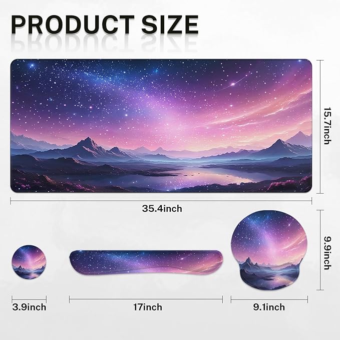 Arttown Dreamy Galaxy Desk Mat Mountains Nebula Mouse Pad Set 4 in 1 Night Sky Ergonomic Design Large Desk Pad + Keyboard Wrist Rest + Mouse Wrist Rest + Coaster Suitable for Home Office Study Game