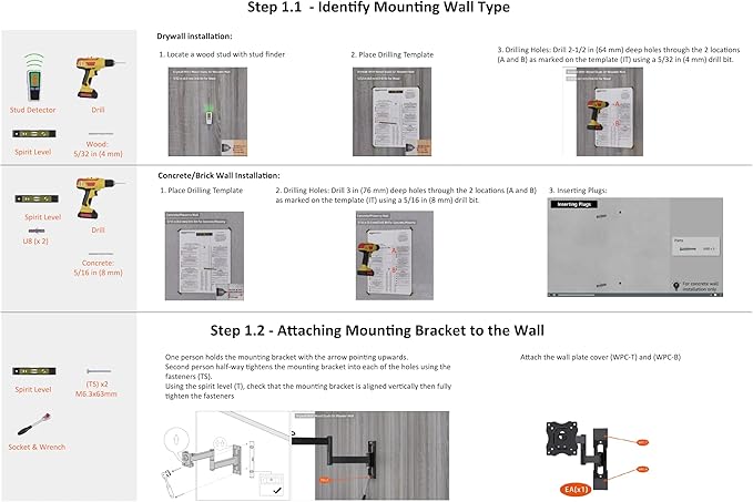 Amazon Basics Full Motion Articulating TV Wall Mount with Tilt Swivel, Extends 16 inches, VESA 200x200, for 12" to 40" TVs, 40 lbs, Black