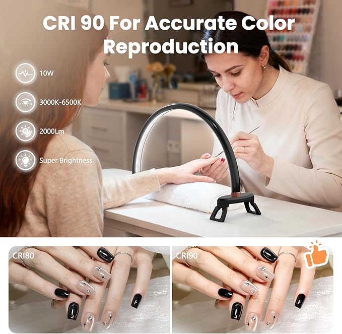 Yokilly Arc Half Moon Light: 16" Half Moon Light with Foldable Bracket for Desk Salon Table Use - No Flicker & Shadow-Free Desk Lamp with Stepless Brightness 3000-6500K for Manicurist Nail Tech