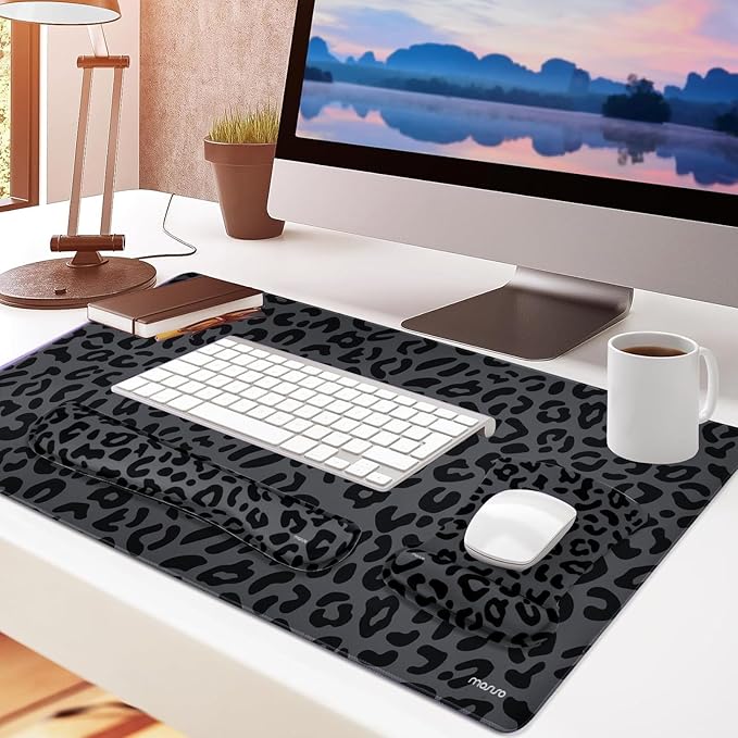 MOSISO Wrist Rest Support for Mouse Pad&Keyboard Set, Ergonomic Large Leopard Grain Desk Mat&Coaster Set, Non-Slip Mousepad&Easy Typing Cushion with Memory Foam for Home Office, Black