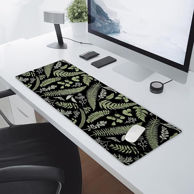 Black Green Plant Flowers Mouse Pad XL Tropical Fern Botanical Leaves Extended Desk Mat 80X30cm Non-Slip Rubber Base Stitched Edge Large XL Mousepad for Desk Gaming Laptop Desktop,31.5×11.8 Inch