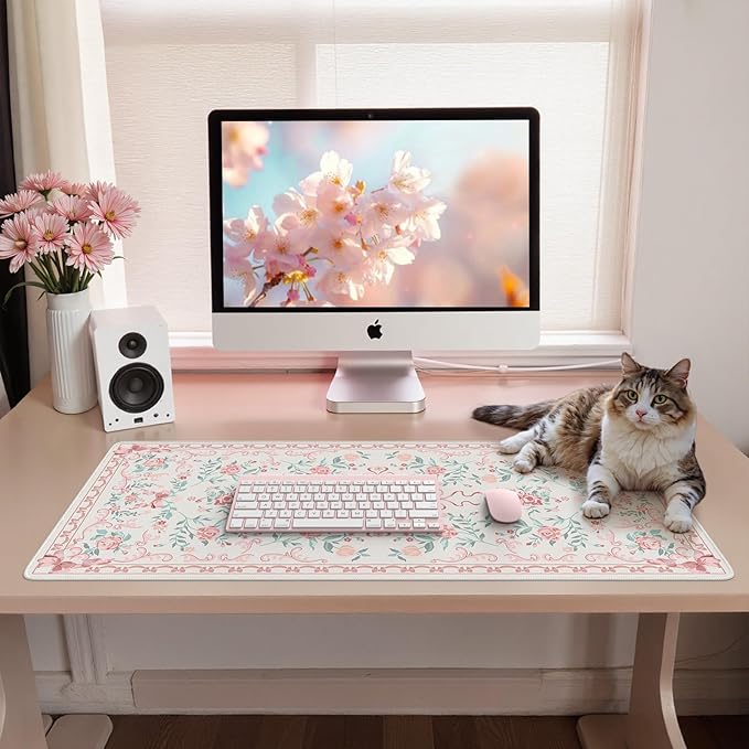 iCasso Pink Desk Mat for Desktop,Cute Desk Pad for Women,Girly Bow Mouse Pad with Stitched Edges,Non-Slip Large Computer Mat for Home Office Study Gaming