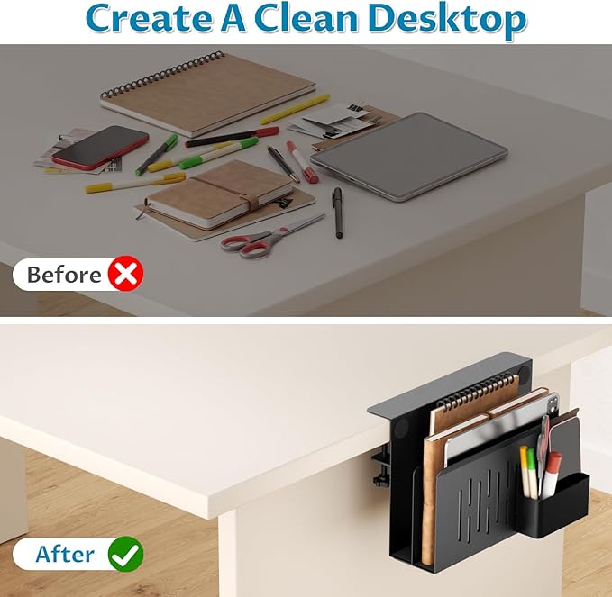 Onemake Desk Side Storage, 2-Tier No Drill Laptop Holder, Clamp on Desks Shelf with Magnetic Pen Holder, Hanging Desk Organizer for Home Office, Fits Flat Edge Tables 0.4" to 2.3"