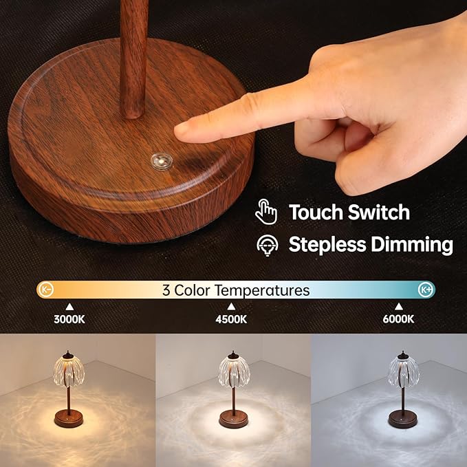 Tulip Table Lamp with 5200mAh Battery & Touch Control, Small Cordless Table Lamp with 3 Colors, Rechargeable Battery Operated Table Lamps for Bedroom, Desk, Bedside (Transparent-Walnut Color)