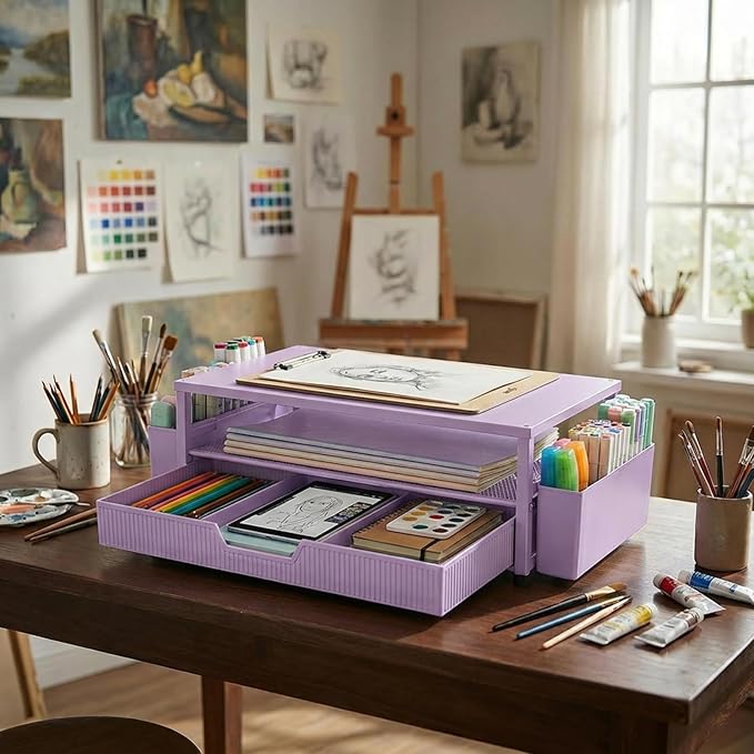 Desk Organizer and Accessories, 2-Tier Computer Monitor Stand Rise with Storage Drawer & 2 Pen Holders, Laptop & Printer Stand for Desktop, Workspace Organizers for Office Supplies (Purple)