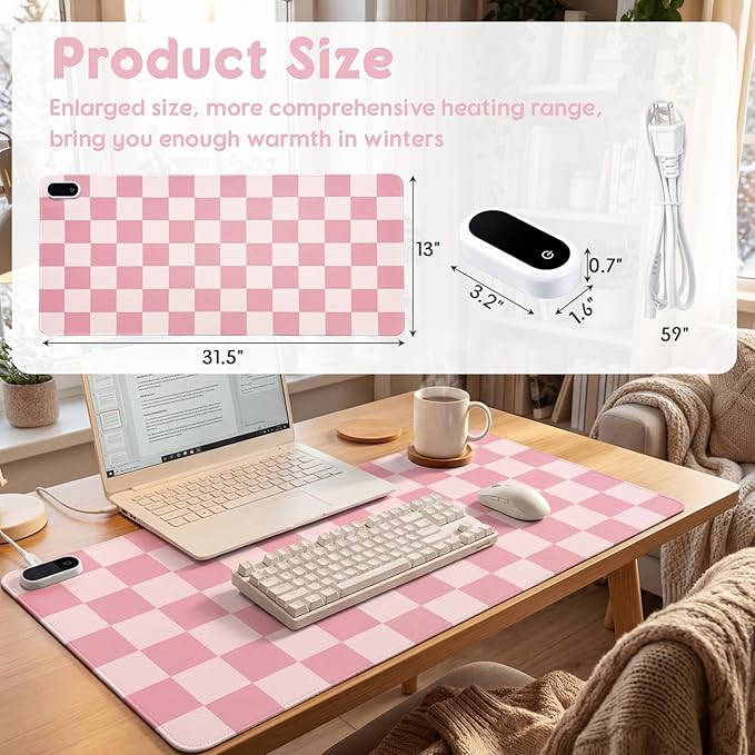Konohan Heated Large Desk Mat PU Leather Cute Warm Mouse Pad with 5 Heating Level & 4 Hour Auto Shut-Off Heating Keyboard Pad Warmer Gaming Mice Mat Only Supports 110v(Pink Checkerboard, 31.5" X 13")