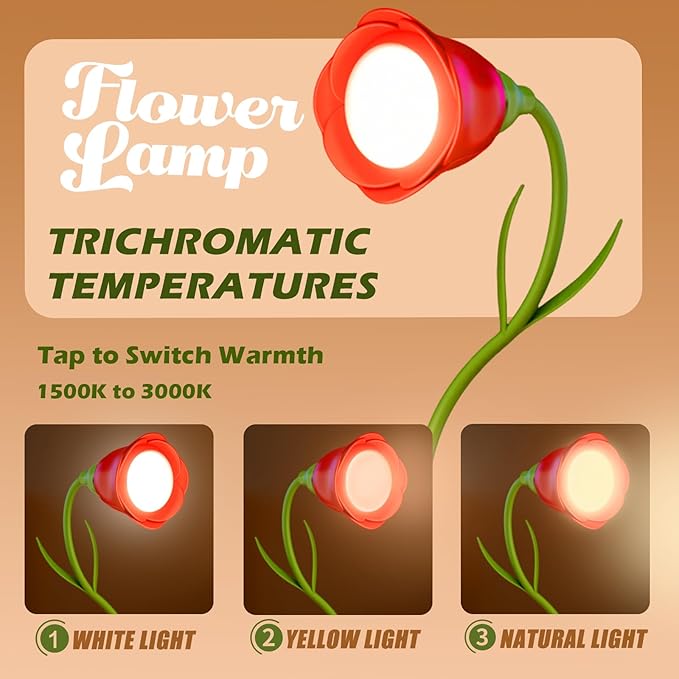 Rose Flower Lamp Rechargeable Reading Light for Bed,3-Color Modes Adjustable Brightness Small Night Light Neck Reading Light,Festival Gifts for Kids Mom Girlfriend Grandma(Red)