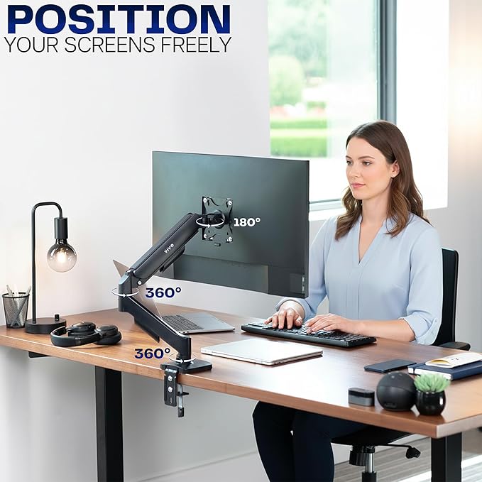 VIVO Single Monitor Stand, Fully Adjustable Arm for 17 to 32 inch Screen, Mechanical Articulating Desk Mount, Gaming and Office Setups, VESA 75x75, 100x100, Max 19.8 lbs, Classic, Black, STAND-V001O