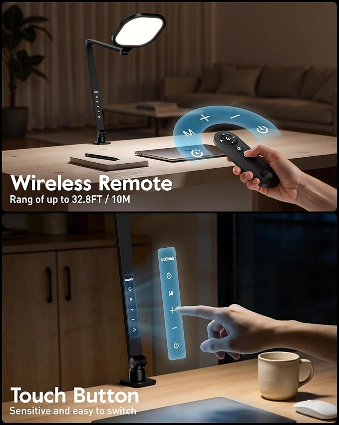Desk Lamp with Clamp for Home Office, 2000LM, 15W, CRI >97.8 Zoom Lighting for Video Calls, 3 Colors & 10 Brightness, Remoted Desk Light with Memory & Timer