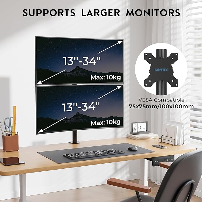 BONTEC Vertical Dual Monitor Desk Mount, Supports 13-34 Inch Screens, Full Motion Adjustability, VESA 75x75/100x100mm, Up to 22lbs per Arm, C Clamp and Grommet Mounting Options, Cable Management