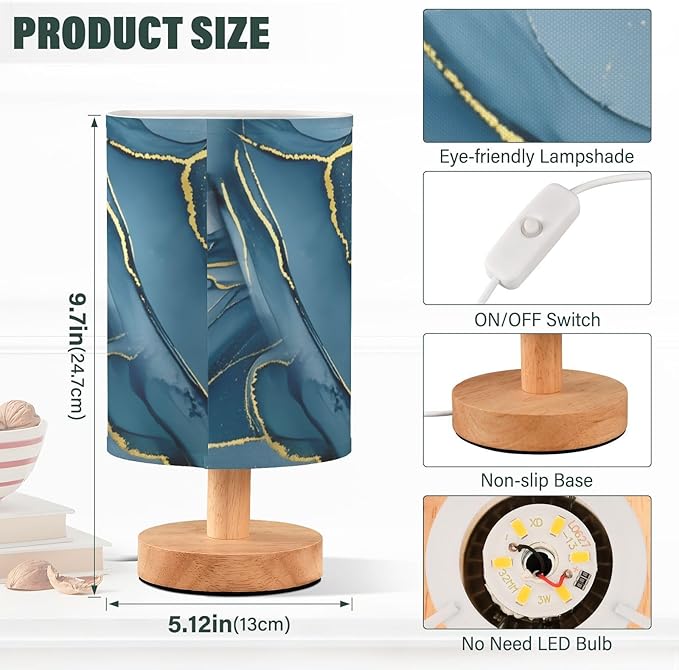 Blue LED Table Lamp, Bedside Lamp with Linen Lampshade, Flicker-Free Eye Care USB Plug in Nightstand Lamp, for Bedroom and Office