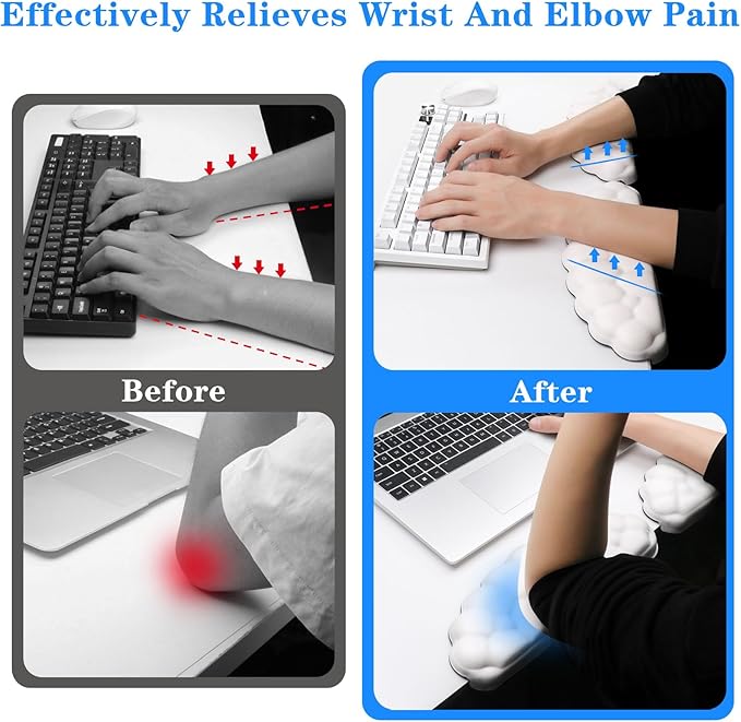 2 Pack Cloud Desk Elbow Pads, Adjustable Spacing Soft Memory Foam with Non-Slip Base, Ergonomic Desk Edge Cushion & Wrist Rest for Computer Keyboard, Office and Home Use White