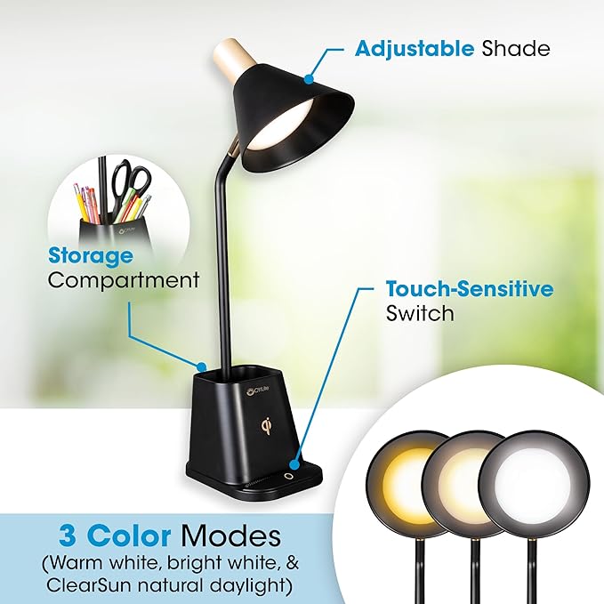 OttLite Merge LED Desk Lamp with Wireless Charging - ClearSun LED Technology, 3 Brightness Settings & Color Temperature Modes with Touch Activated Controls - Includes Storage Area for Desk Supplies