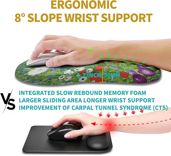 Hokafenle Ergonomic Mouse Pad Wrist Support, Wrist Rest Mousepad for Carpal Tunnel with Integrated Memory Foam Slope Massage Bulge (11.8x7.9 inch,Cute Floral)