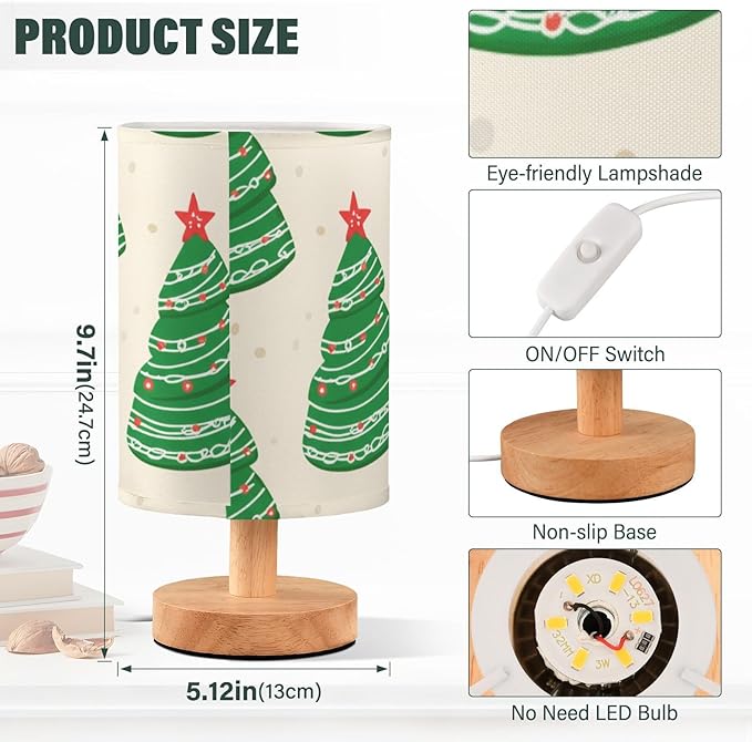 Green Christmas Tree LED Table Lamp, Bedside Lamp with Linen Lampshade, Flicker-Free Eye Care USB Plug in Nightstand Lamp, for Bedroom and Office