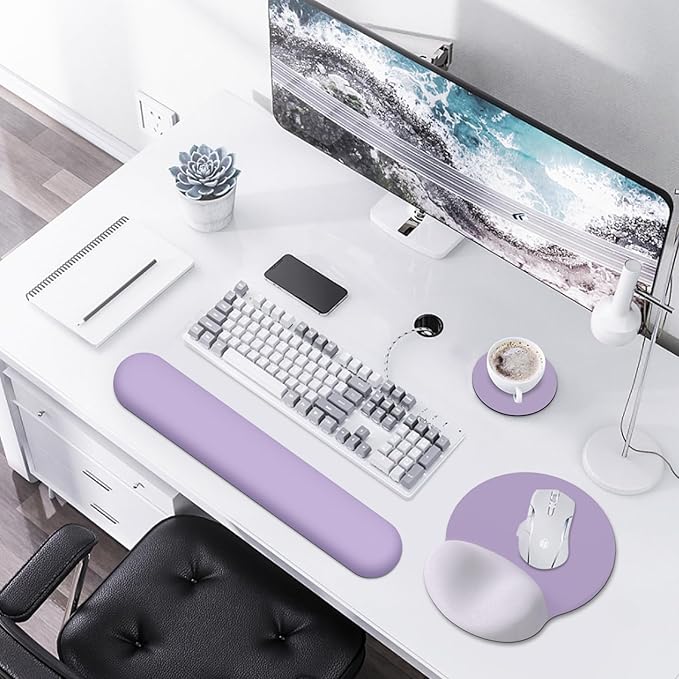 AIMSA Mouse Pad with Wrist Rest Support, Keyboard Wrist Rest Set, Ergonomic Memory Foam Mousepad for Computer Keyboard, Easy Typing and Pain Relief, Purple