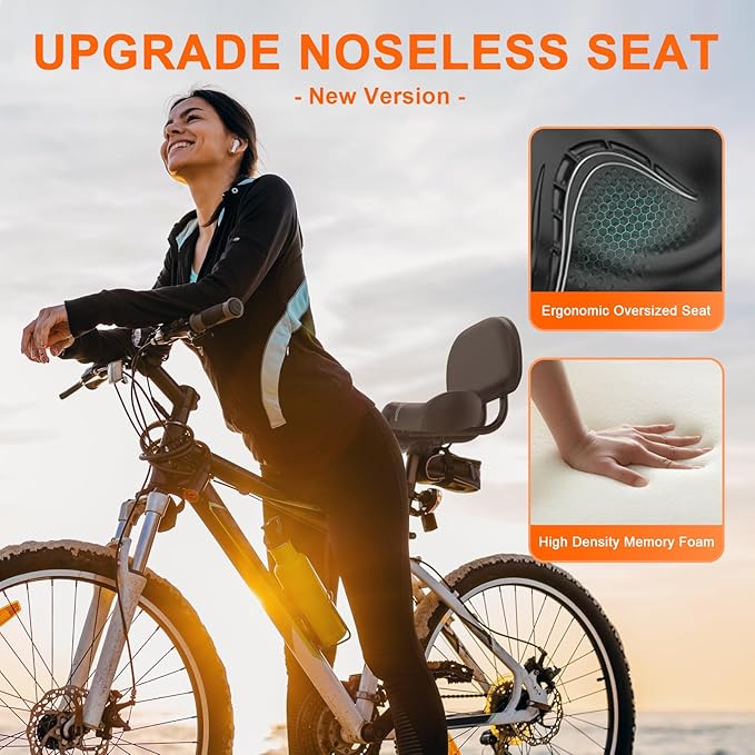 BLUEWIND New Noseless Oversized Bike Seat, Wide Bicycle Saddle Novel Backrest Design for Electric Bike, Universal Fit Exercise Bike or Road Stationary Bike Seat Cushion for Men & Women