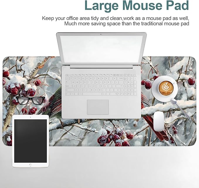 Christmas Bird Extended Gaming Mouse Pad 35.4x15.7Inch Large Desk Mat Anti-Slip Rubber Base & Durable Stitched Edges for Gamers Smooth Mouse Writing Surface for Desk Office/Home