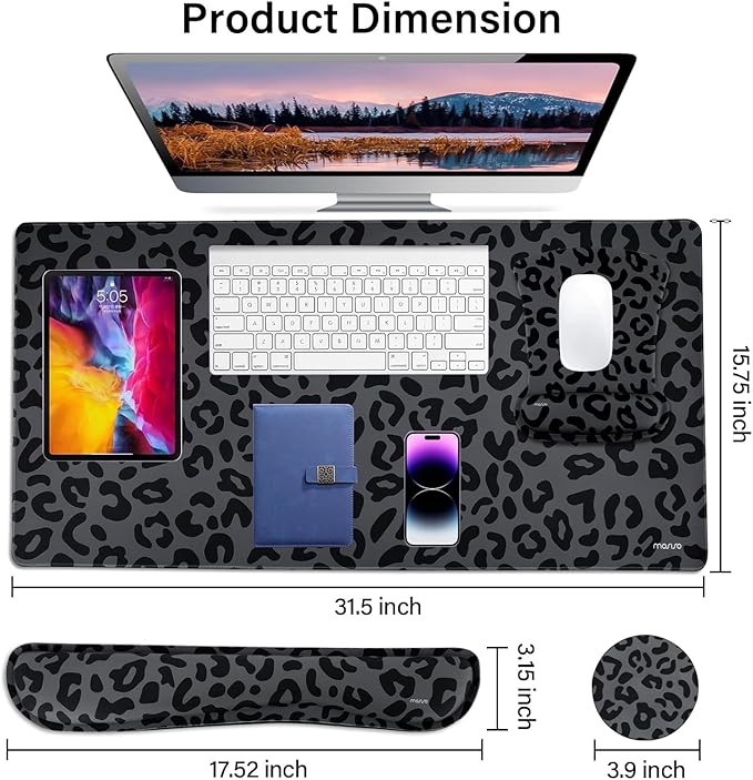 MOSISO Wrist Rest Support for Mouse Pad&Keyboard Set, Ergonomic Large Leopard Grain Desk Mat&Coaster Set, Non-Slip Mousepad&Easy Typing Cushion with Memory Foam for Home Office, Black