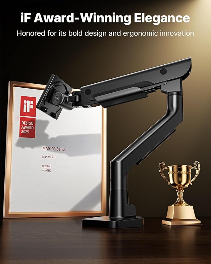 monTEK Sleek Aluminum Monitor Arm for 17–57” Ultrawide Screens up to 59.4 lbs, Heavy Duty Single Monitor Arm Desk Mount, Pneumatic Lift, Quick-Release Plate, Clamp/Grommet, Max VESA 100x100